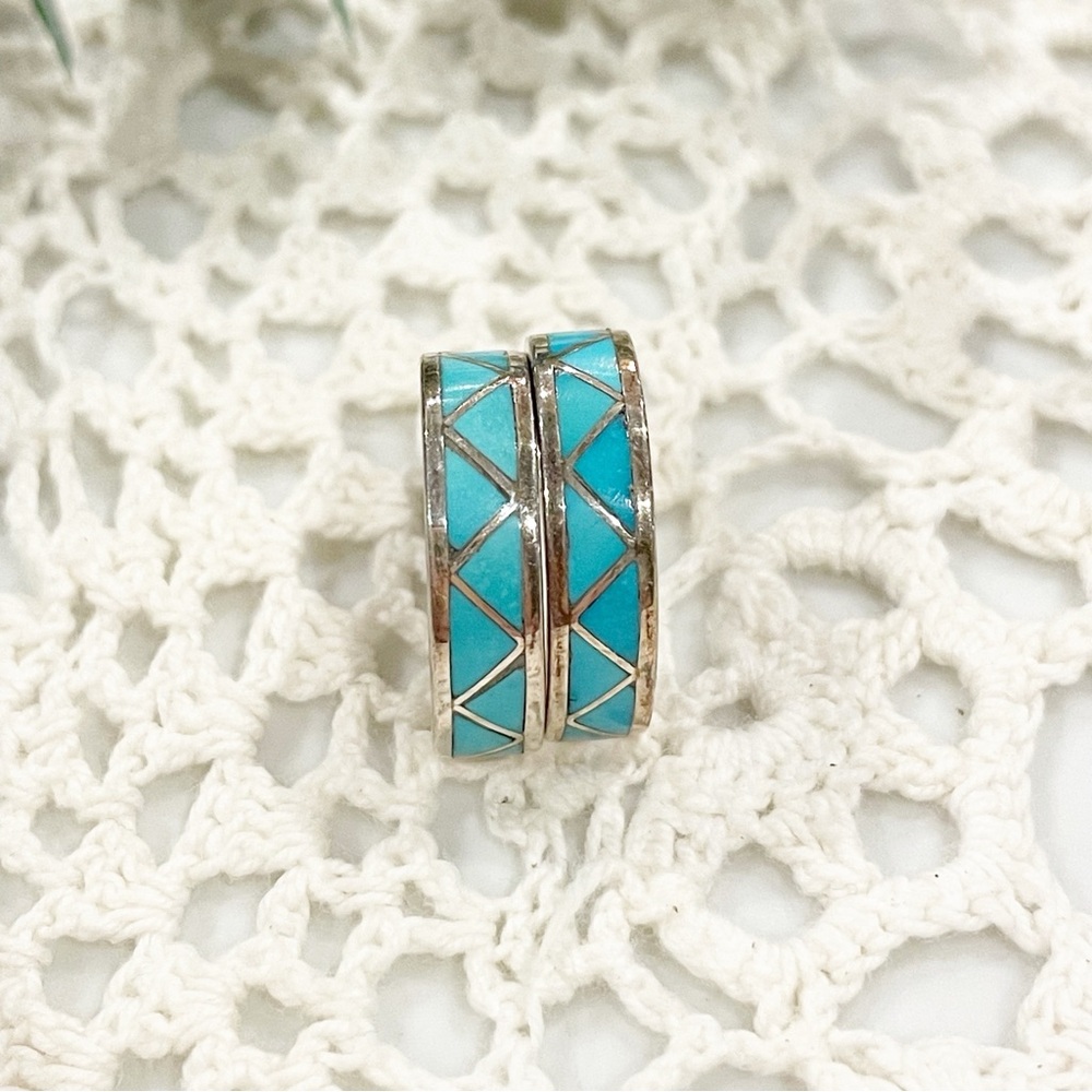 Vintage CH Zuni Earrings Turquoise Sterling Silver Hoop Geometric New Mexico